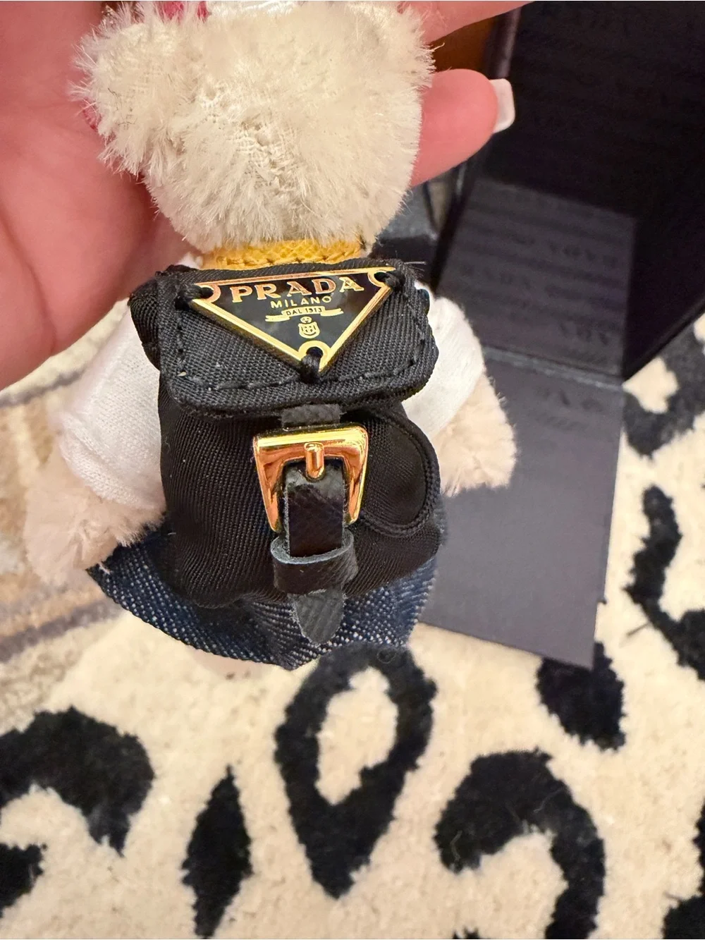 Prada Triangle Plate Bear Backpack with sunglasses Acrylic Ivory White Keychain